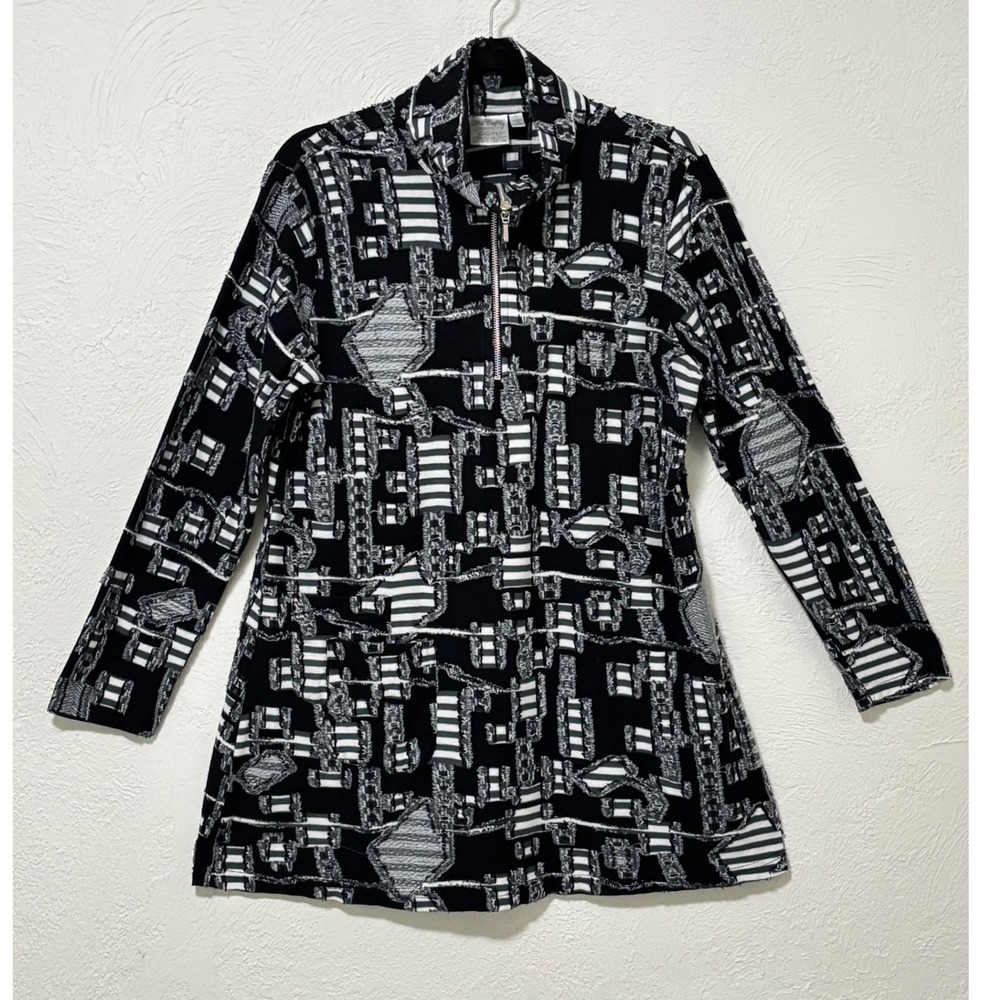 Parsley & Sage Quarter Zip Tunic Sz Large B/W Color Artsy Lagenlook comfy top